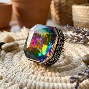 Artisan Mystic Topaz Statement Ring 925 Silver Rainbow Boho Jewelry Size 10